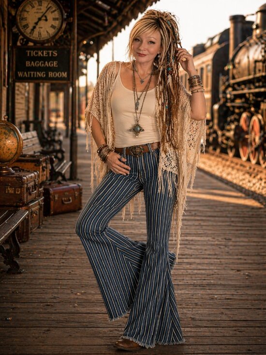 Lucky & Blessed Denim - Lucky & Blessed Navy and White Striped Flare Pants